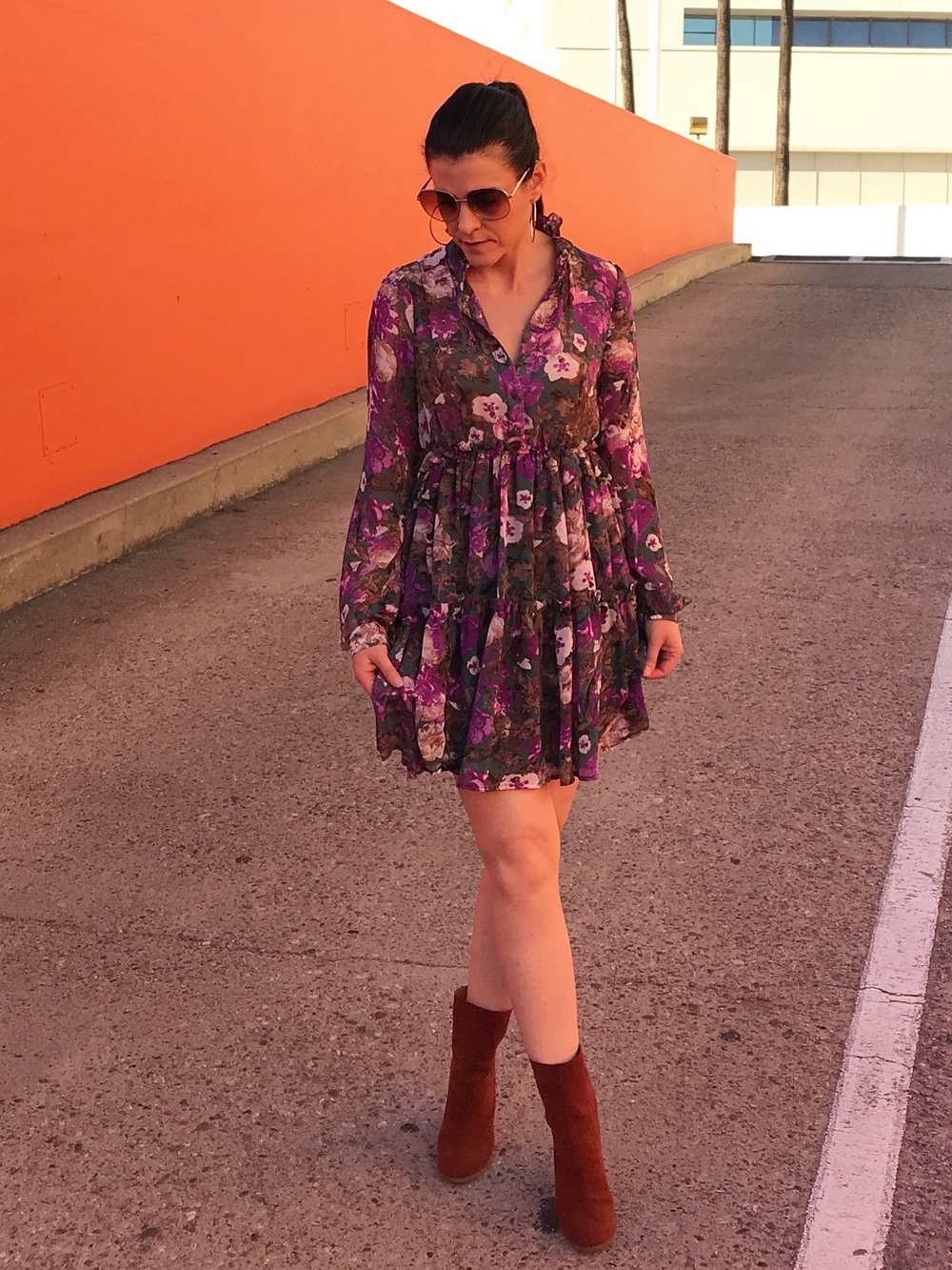 Floral High-Neck Purple Long Sleeve Mini Dress